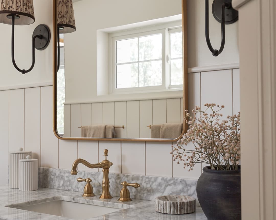 Modern cottage neutral primary bath designed by Halcyon Haus